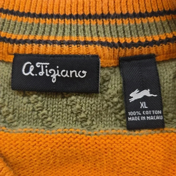 VTG A. Taziano Mens V-Neck Cotton Striped Y2K Relaxed Fit Sweater Orange Green - Picture 8 of 10